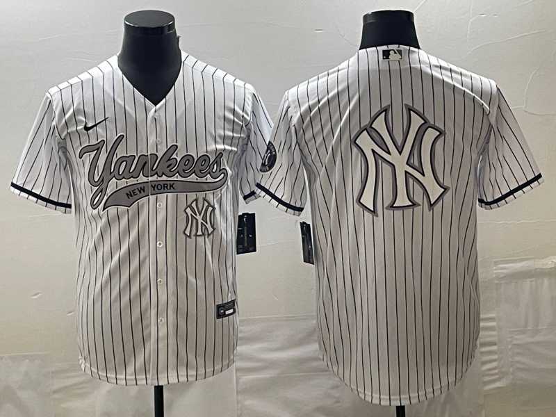 Men%27s New York Yankees Big Logo White Pinstripe Cool Base Stitched Baseball Jersey->new york yankees->MLB Jersey